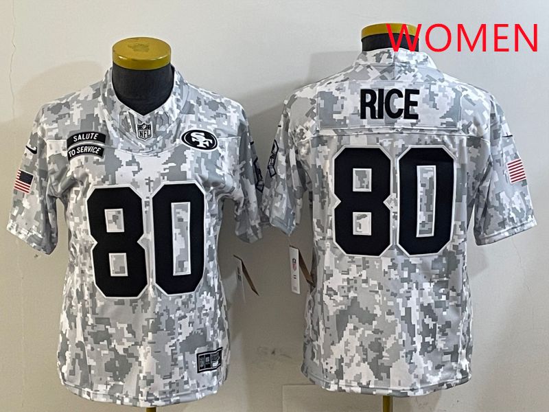 Women San Francisco 49ers 80 Rice Nike Arctic Camo 2025 Salute to Service Limited NFL Jersey style 1